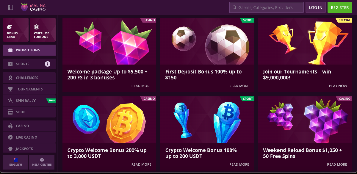 Malina casino bonus banners displaying welcome deals and promotional offers
