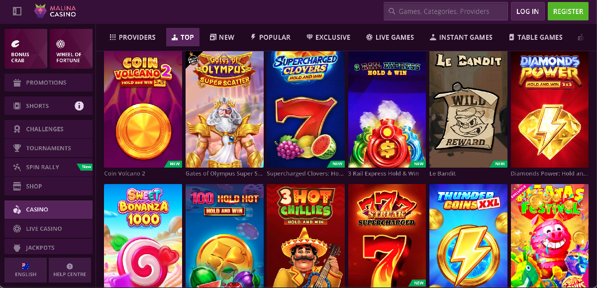 Malina casino game selection with pokies, live tables and featured titles