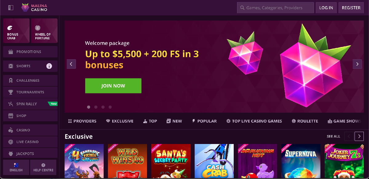 Malina casino homepage layout with main categories and welcome offers