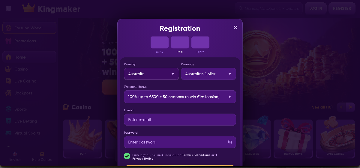 Kingmaker casino welcome bonus with 100 percent match up to 500 AUD