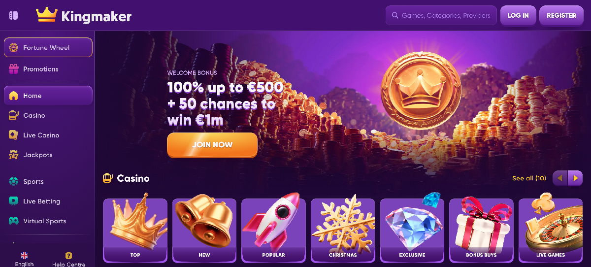 Kingmaker casino homepage with casino games and sports betting sections