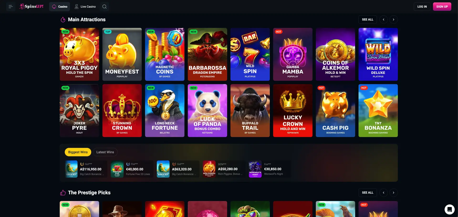SpinsUP Casino game lobby showing Main Attractions section with slots including Moneyfest, Wild Spin and Buffalo Trail