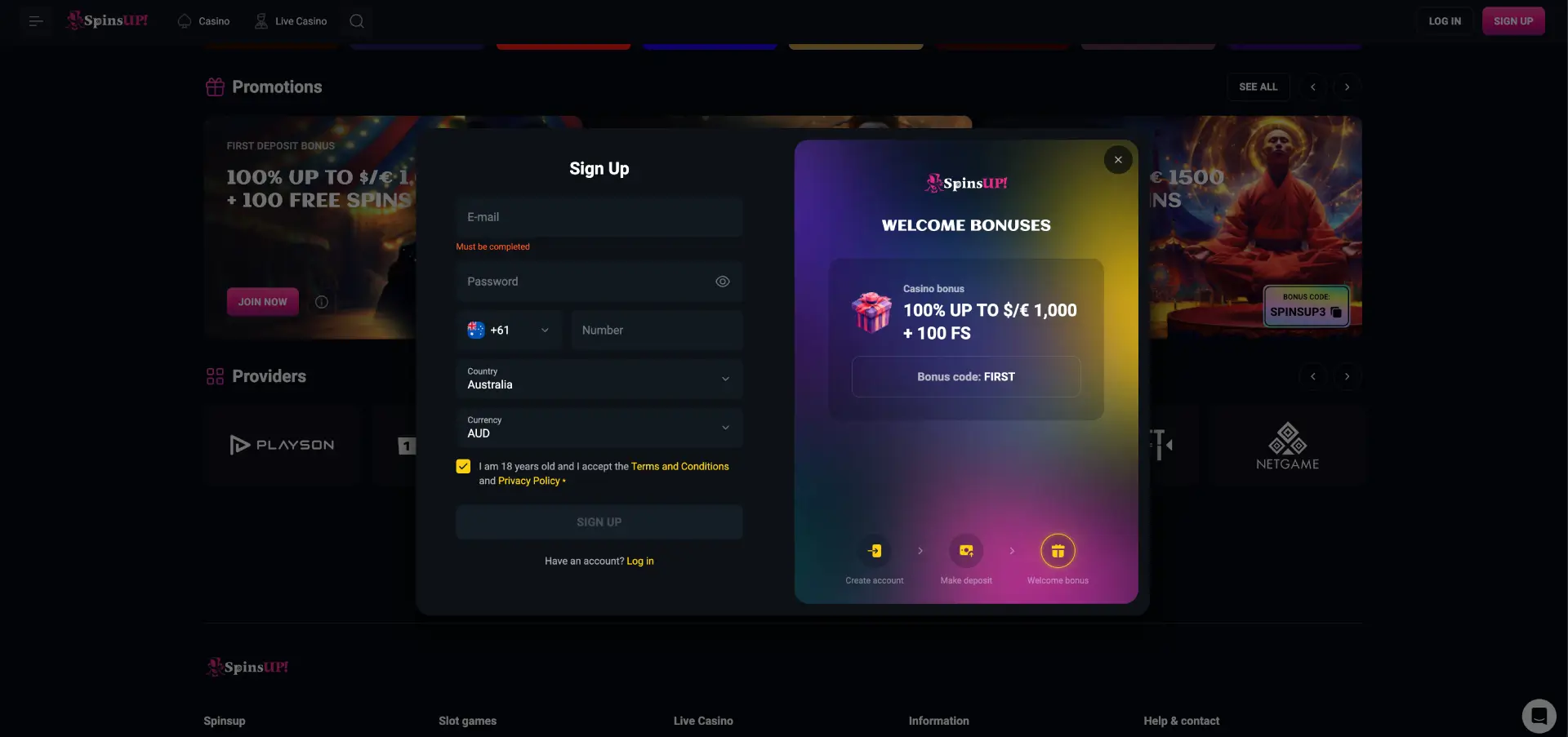 SpinsUP Casino sign up form showing AUD currency and Australia pre-selected with welcome bonus offer of 100% up to AUD 1750 plus 100 free spins