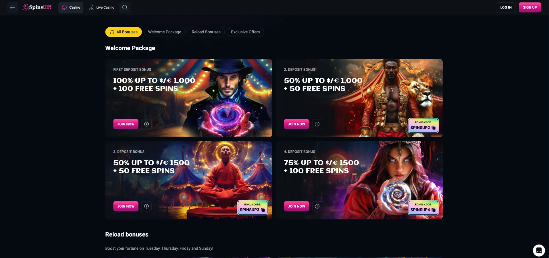 SpinsUP Casino promotions page showing welcome package and provider logos including Playson, Betsoft and Netgame