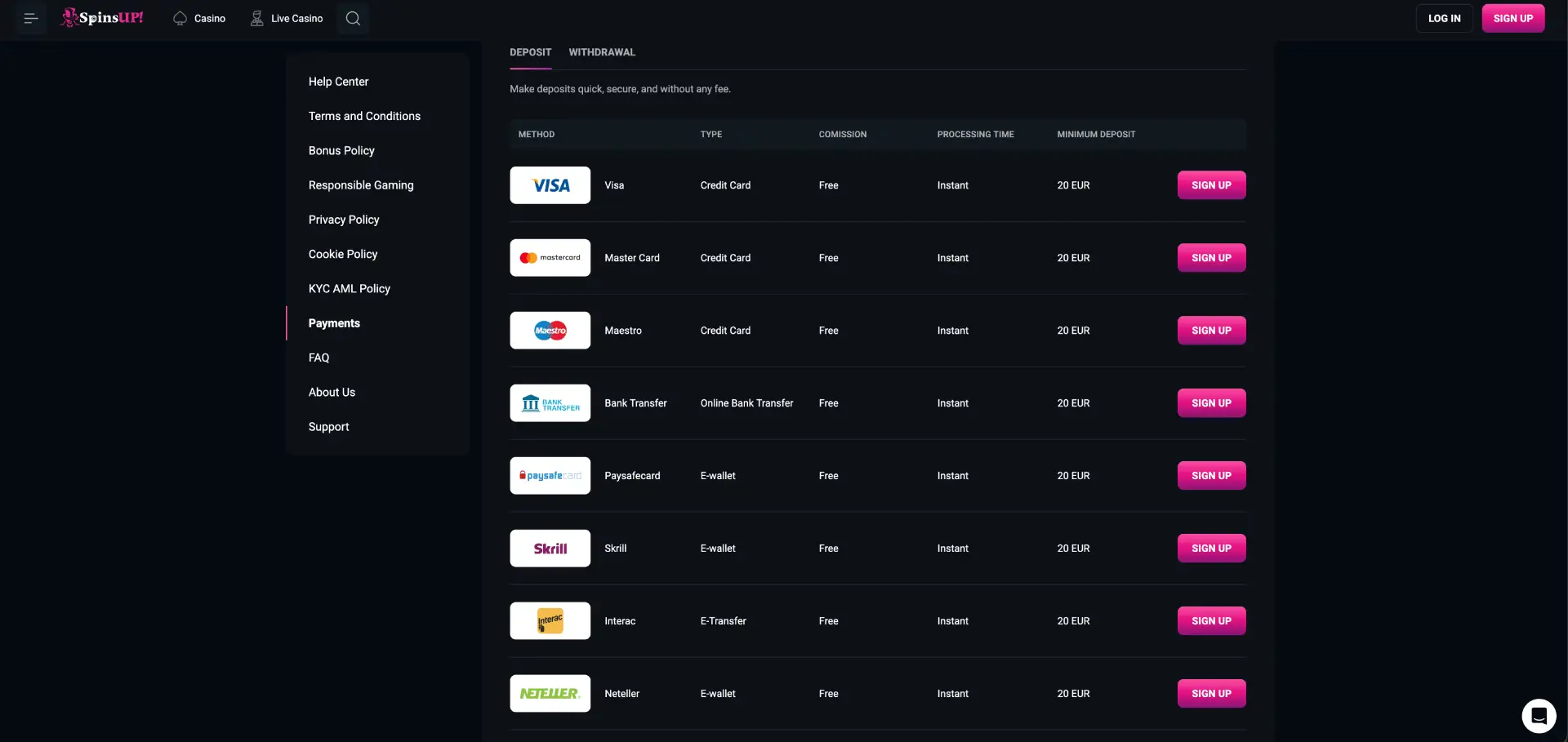 SpinsUP Casino deposit payment methods page showing Visa Mastercard Skrill Neteller Neosurf and crypto options with AUD 35 minimum