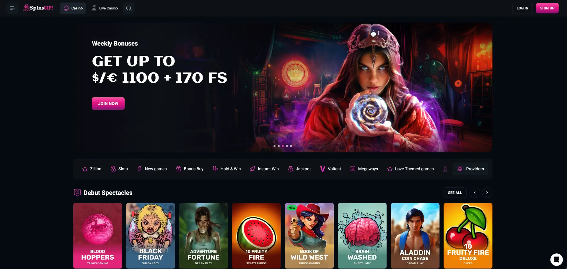 SpinsUP Casino homepage with dark theme showing weekly bonus up to AUD 1925 and 170 free spins banner