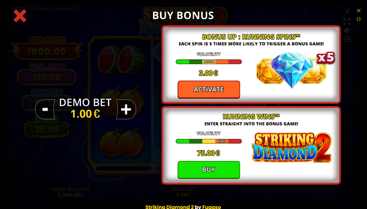 Striking Diamond 2 bonus feature and Running Wins