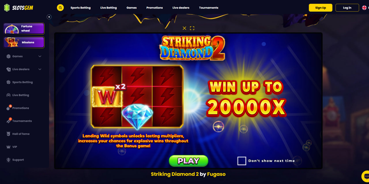 Striking Diamond 2 demo mode on mobile casino