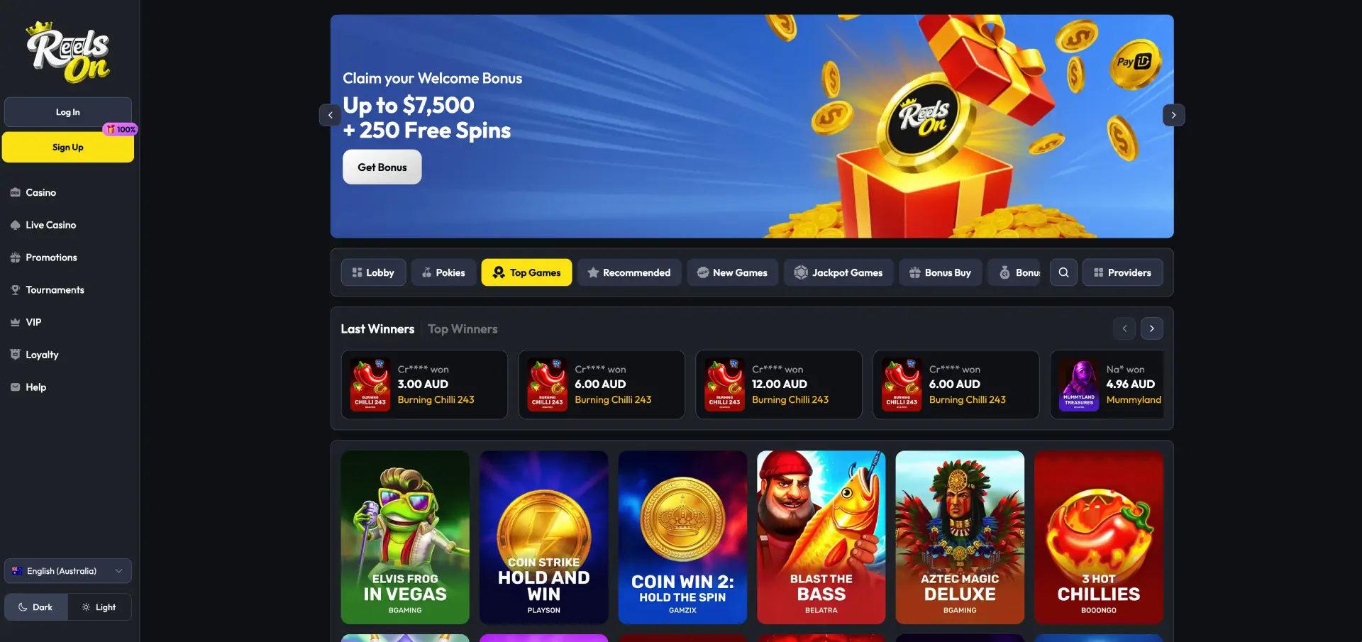 ReelsOn casino parameters table with bonus, deposit, payout time and withdrawal limit details