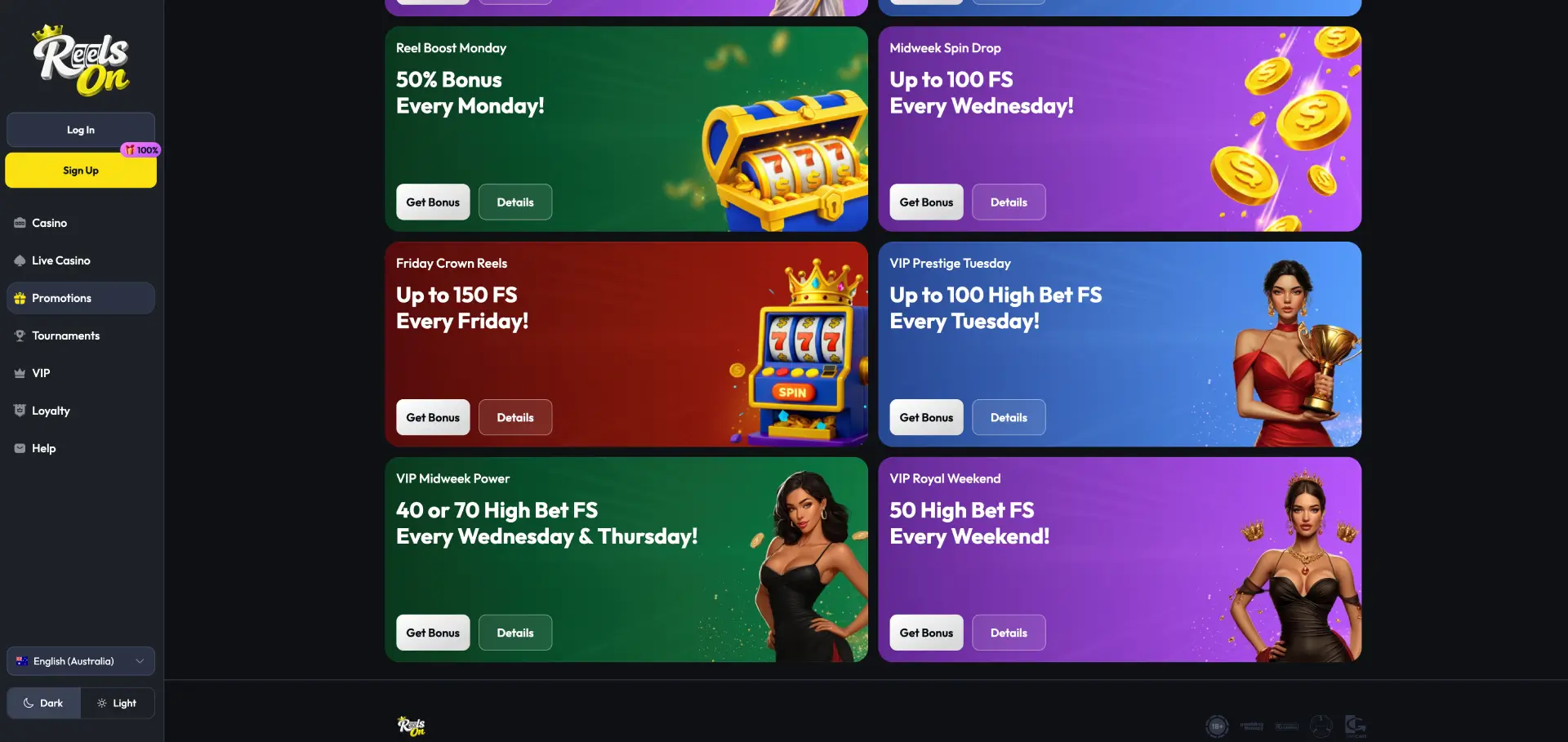 ReelsOn casino bonus page with welcome offer, free spins and weekly promotions