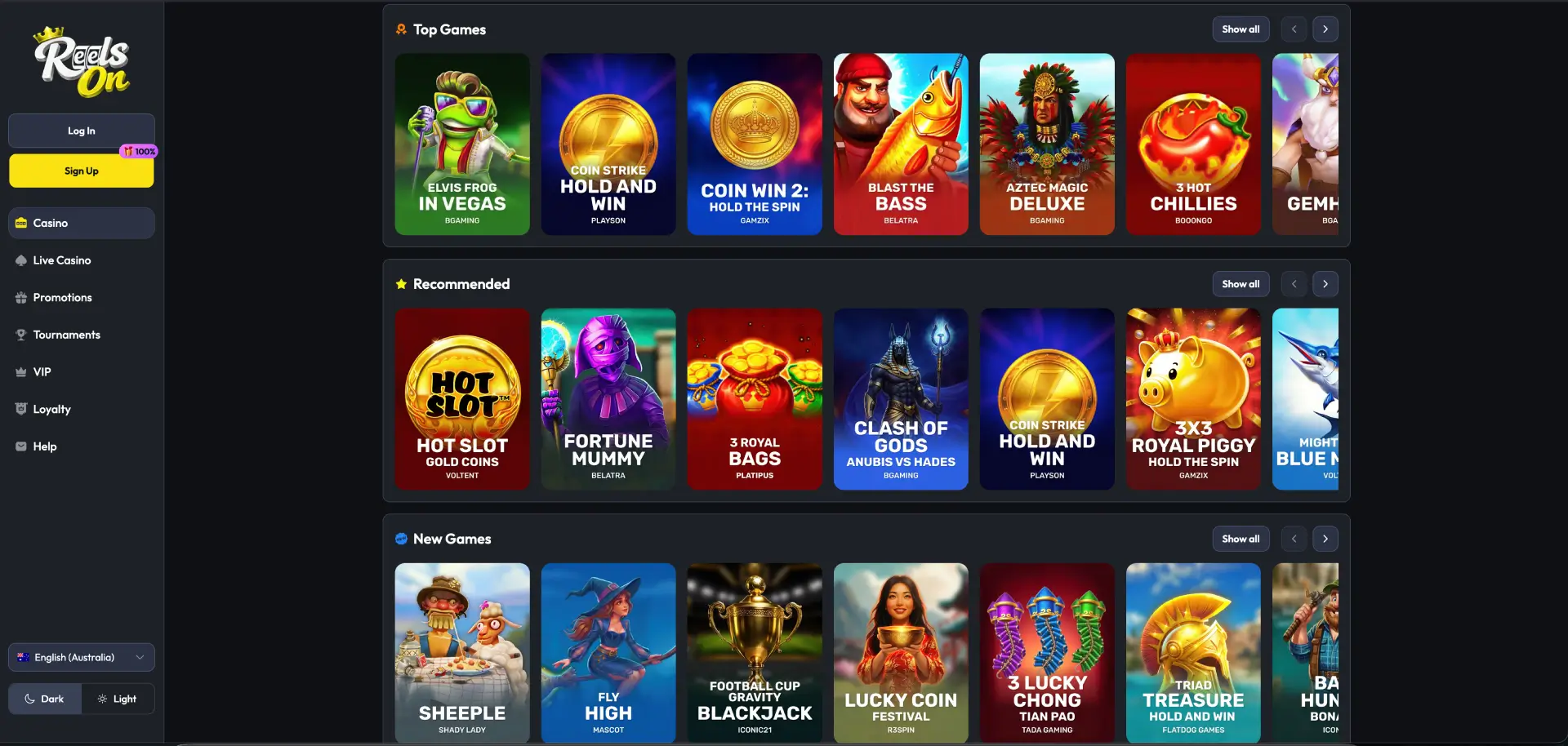 ReelsOn casino pokie lobby with popular slots, bonus buy games and jackpot titles