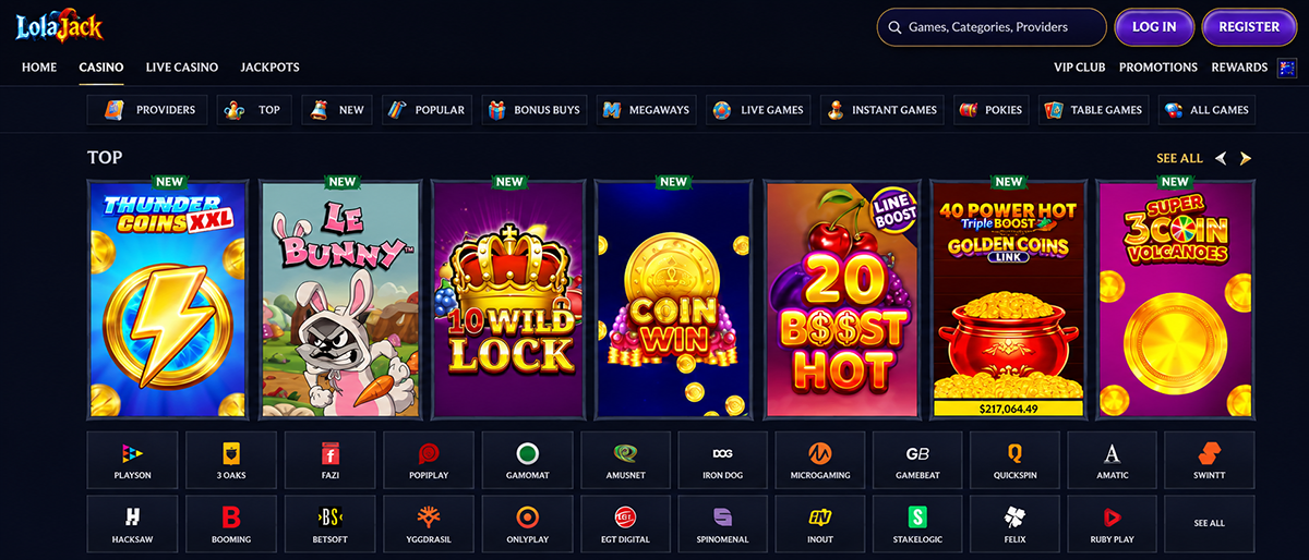 LolaJack casino games lobby with pokies, live casino and instant games