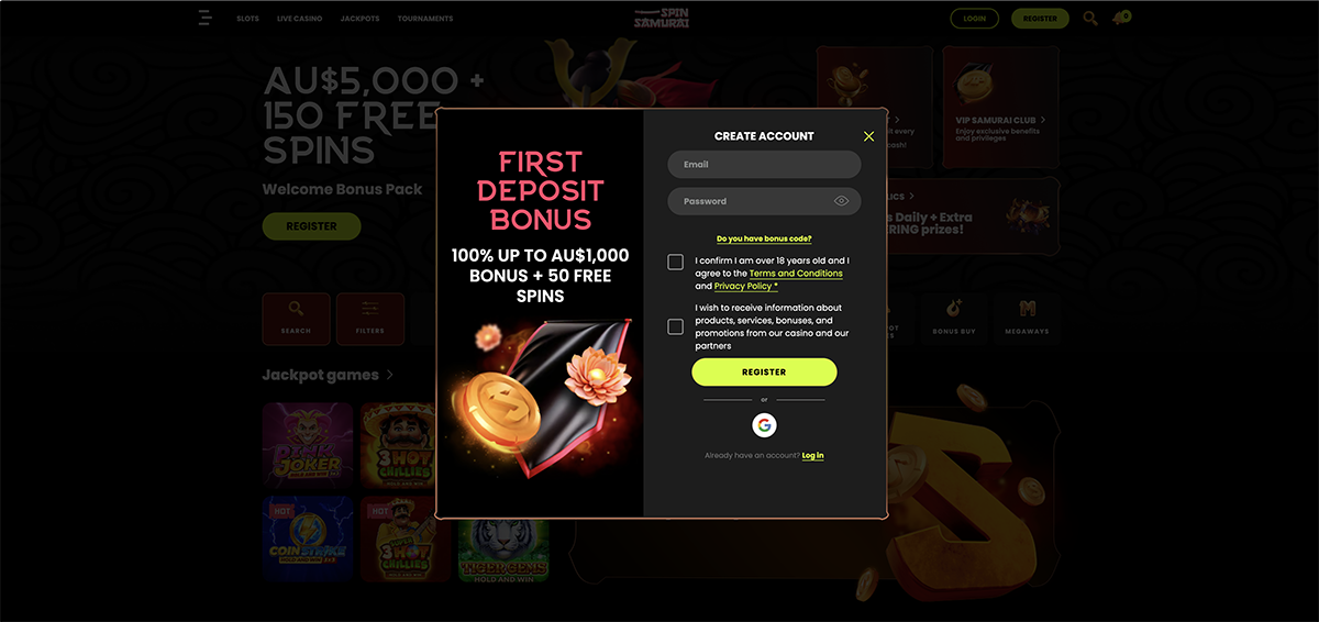 Spinsamurai welcome bonus package with AU$5,000 and 150 free spins