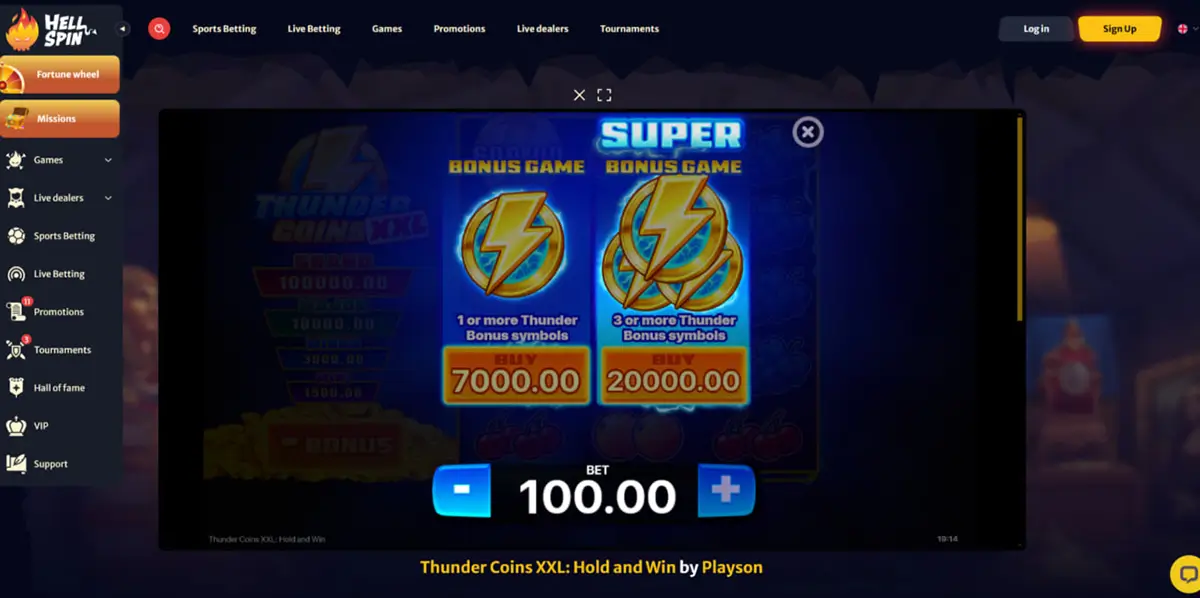 Thunder Coins XXL Hold and Win Bonus Game with re-spins and jackpots
