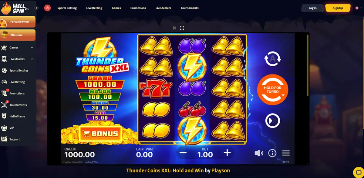 Thunder Coins XXL Hold and Win demo mode with 15 fixed paylines