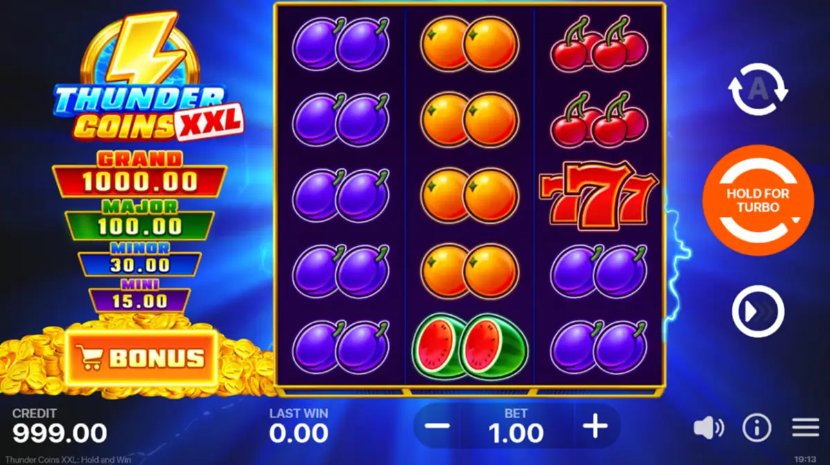 Thunder Coins XXL Hold and Win pokie review with reels and bonus symbols