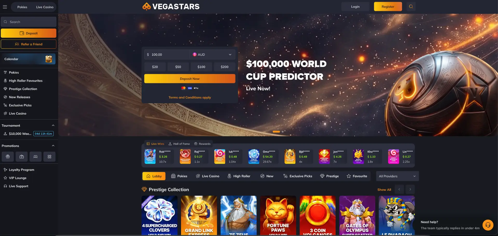 Vegastars casino homepage lobby with AUD deposit panel and pokies