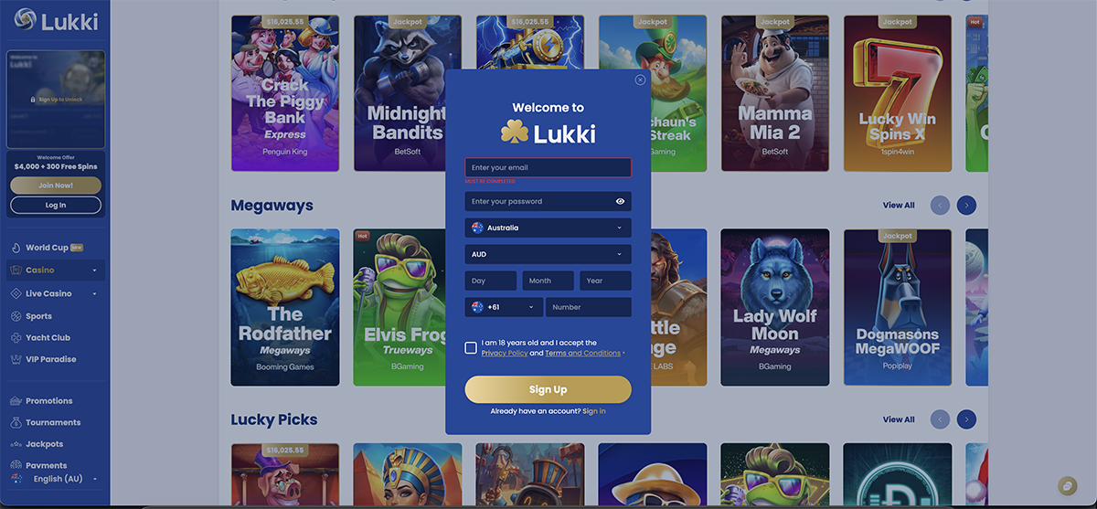 Lukki casino account registration form