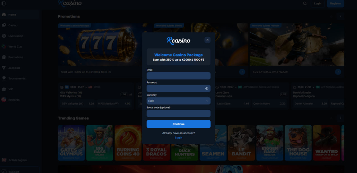 RCasino account registration form