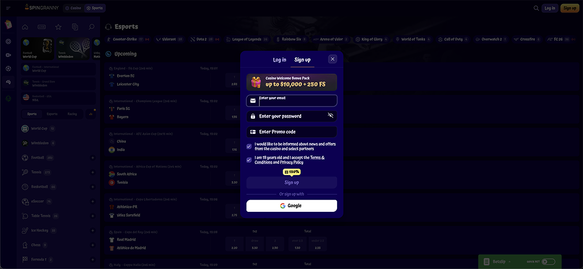 SpinGranny registration form with email password and promo code field for new players
