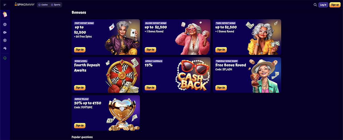 Starting bonuses at SpinGranny with welcome package and Free Spins