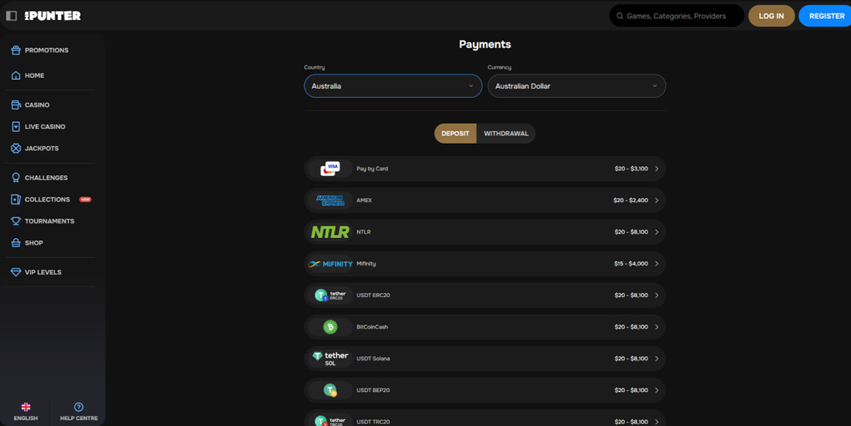 MrPunter casino withdrawal methods and AUD limits