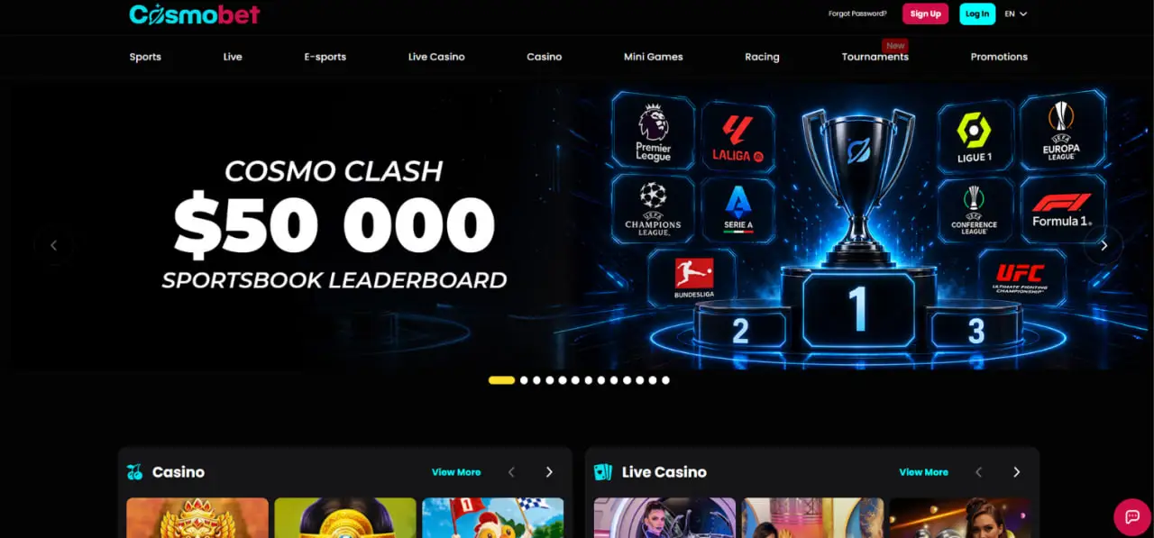 Cosmobet online casino homepage and main sections