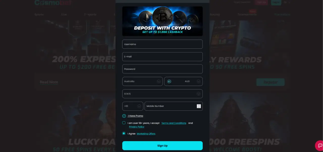 Cosmobet registration form for creating a new account