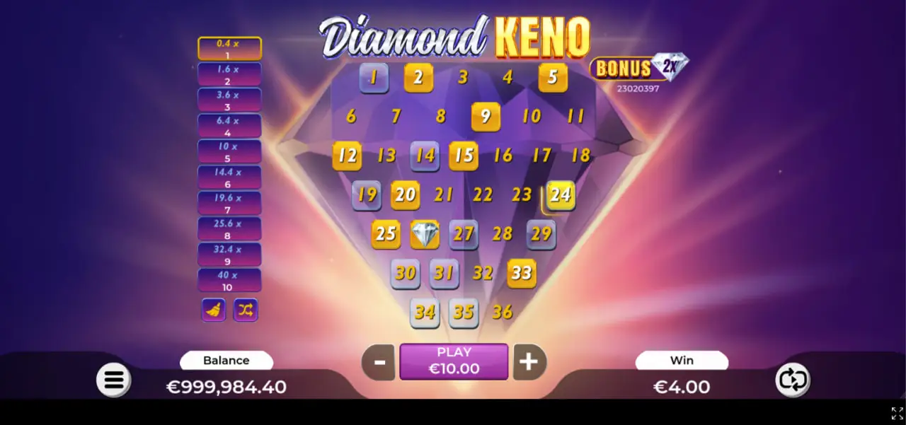Diamond Keno provider, RTP and main game features